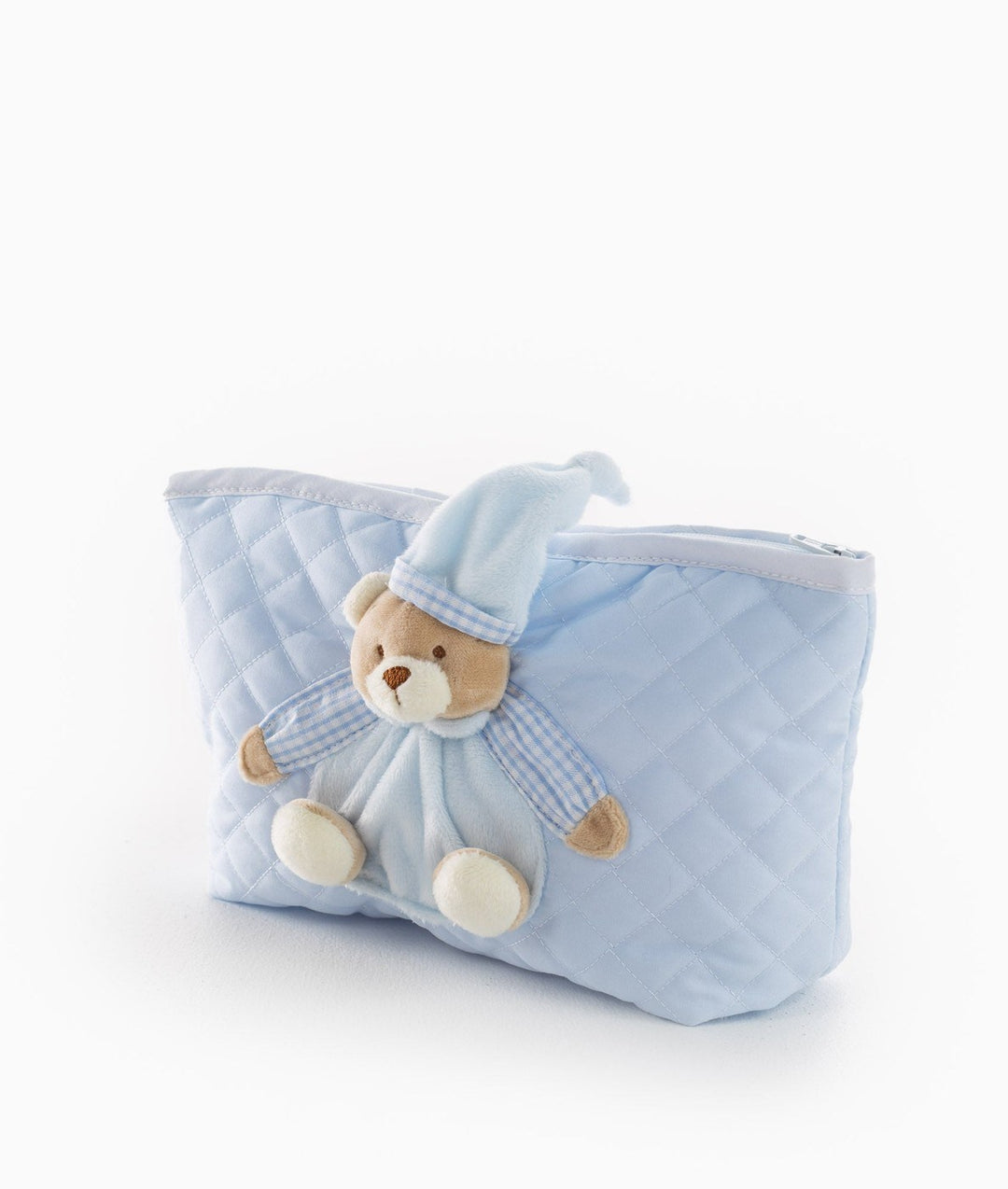 Diamond stitched light blue baby pouch featuring plush bear appliqué and silver zipper track