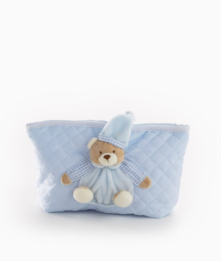 Blue baby organizer bag with attached plush teddy bear wearing nightcap and gingham sleeves