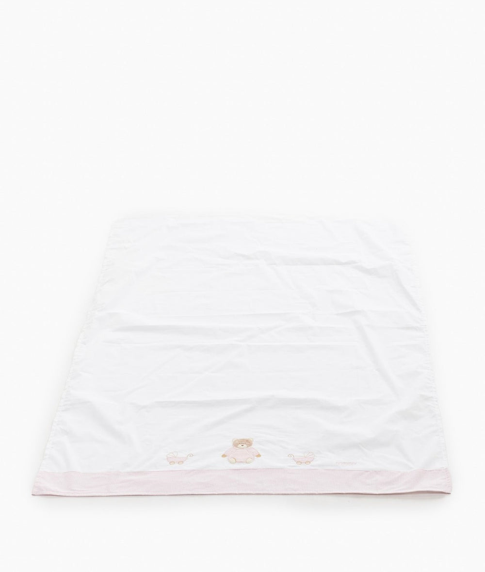 Pink gingham border flat sheet with teddy bear and pram print, 100% cotton nursery bedding