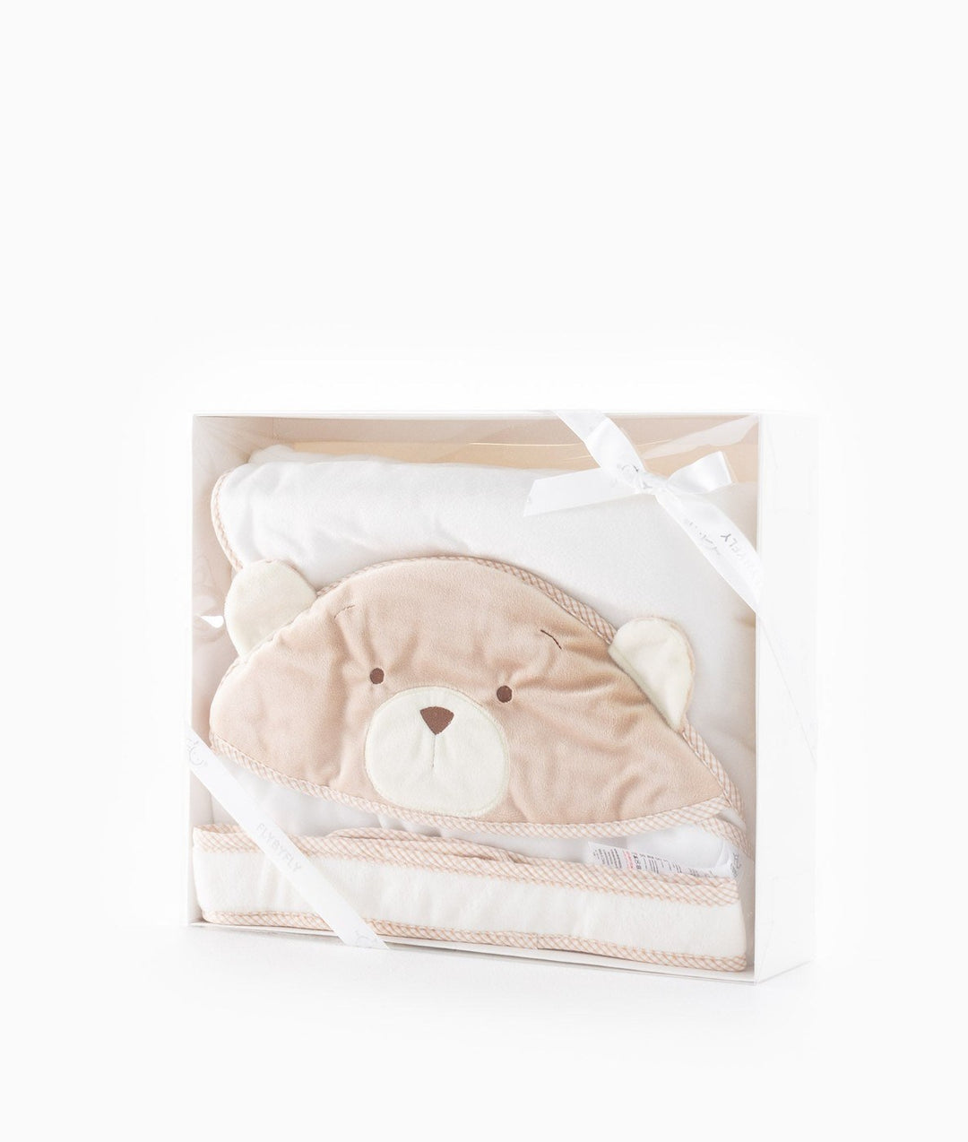 Hooded baby swaddle in gift box with plush beige bear face detail