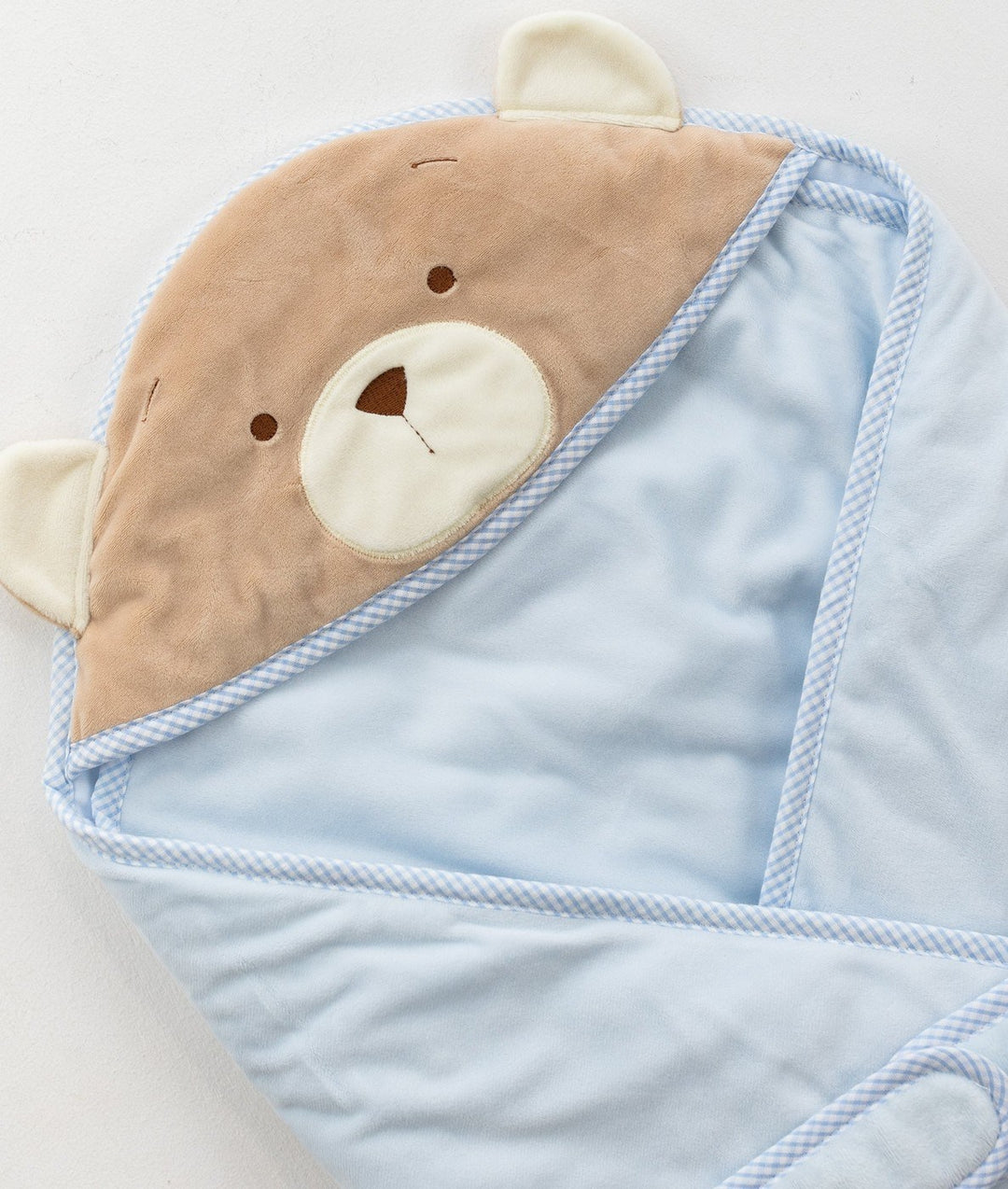 Soft hooded baby wrap in blue
