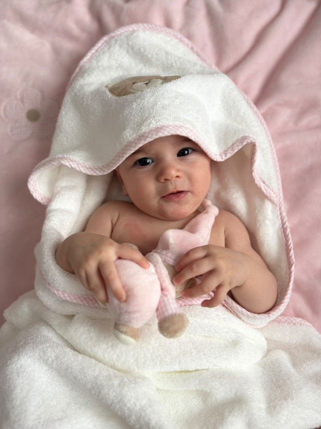 Hooded Towel with Mitt & Toy | Pink & White