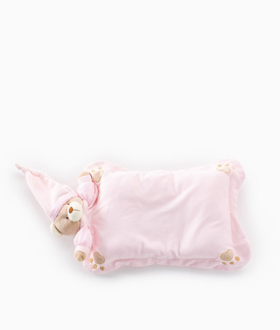 Side view pink ergonomic nursery head support pillow with curved shape and checkered sleeve detail