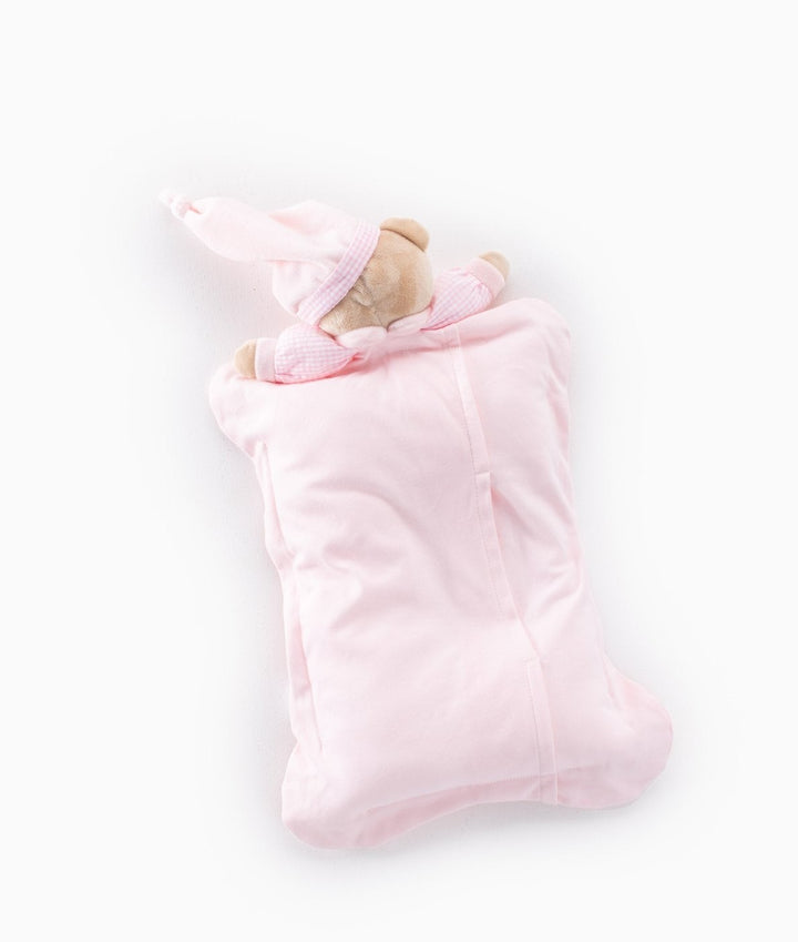 Pink cotton infant head support pillow back view with plush teddy bear and gingham hat