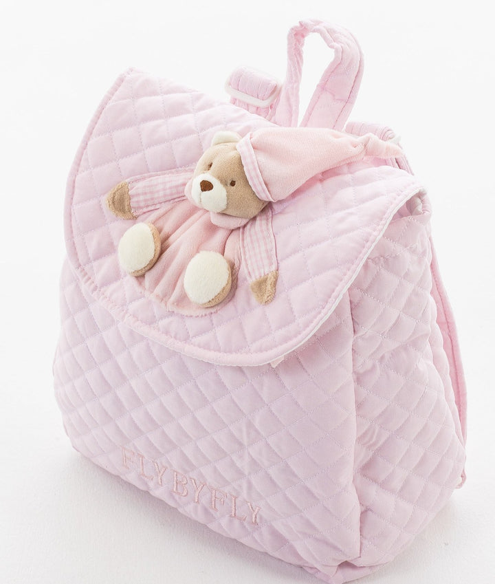 Pastel pink backpack featuring 3D bear hood and embroidered logo