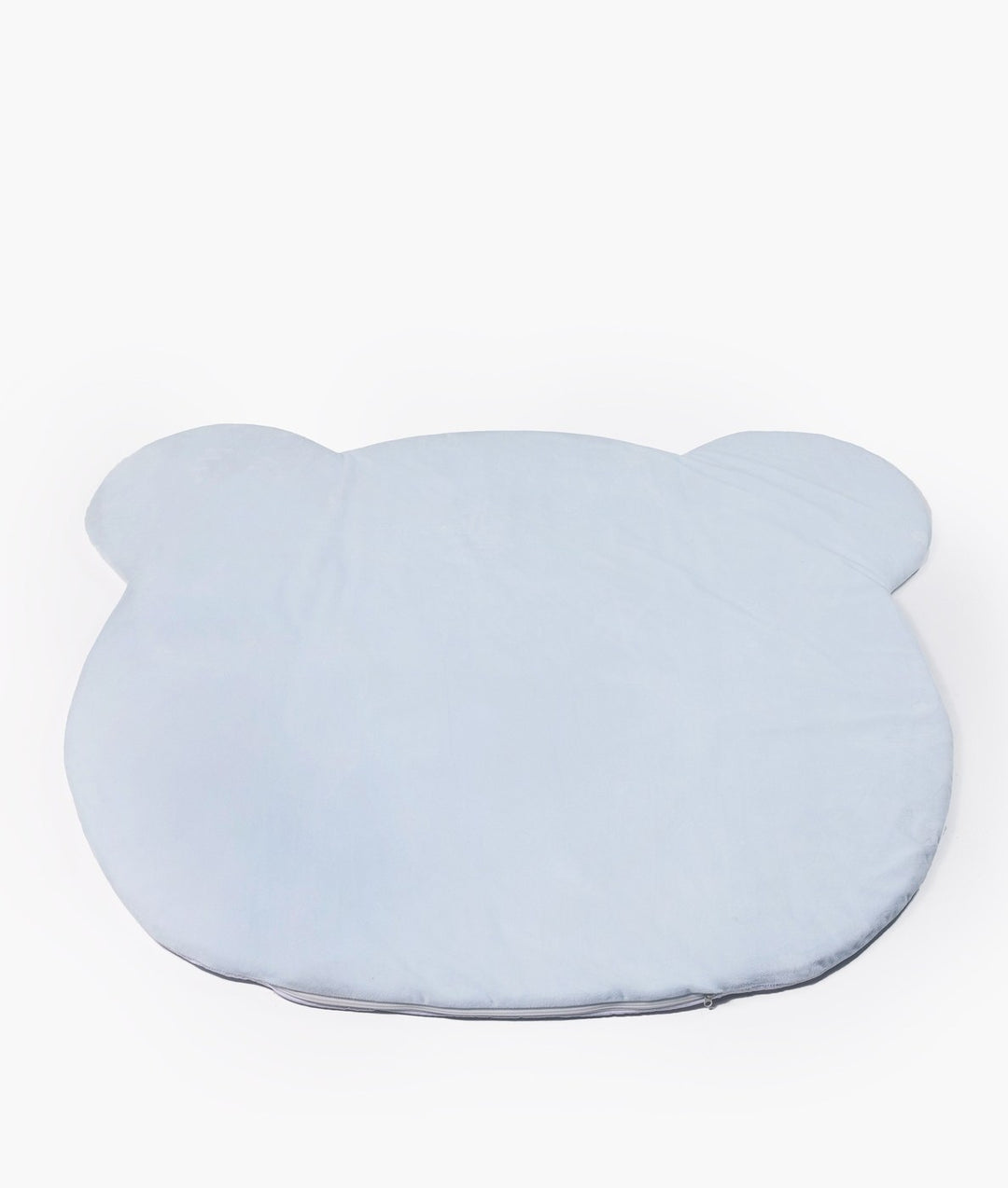 Overhead view of pale blue padded bear-shaped playmat with grey piping trim on white background