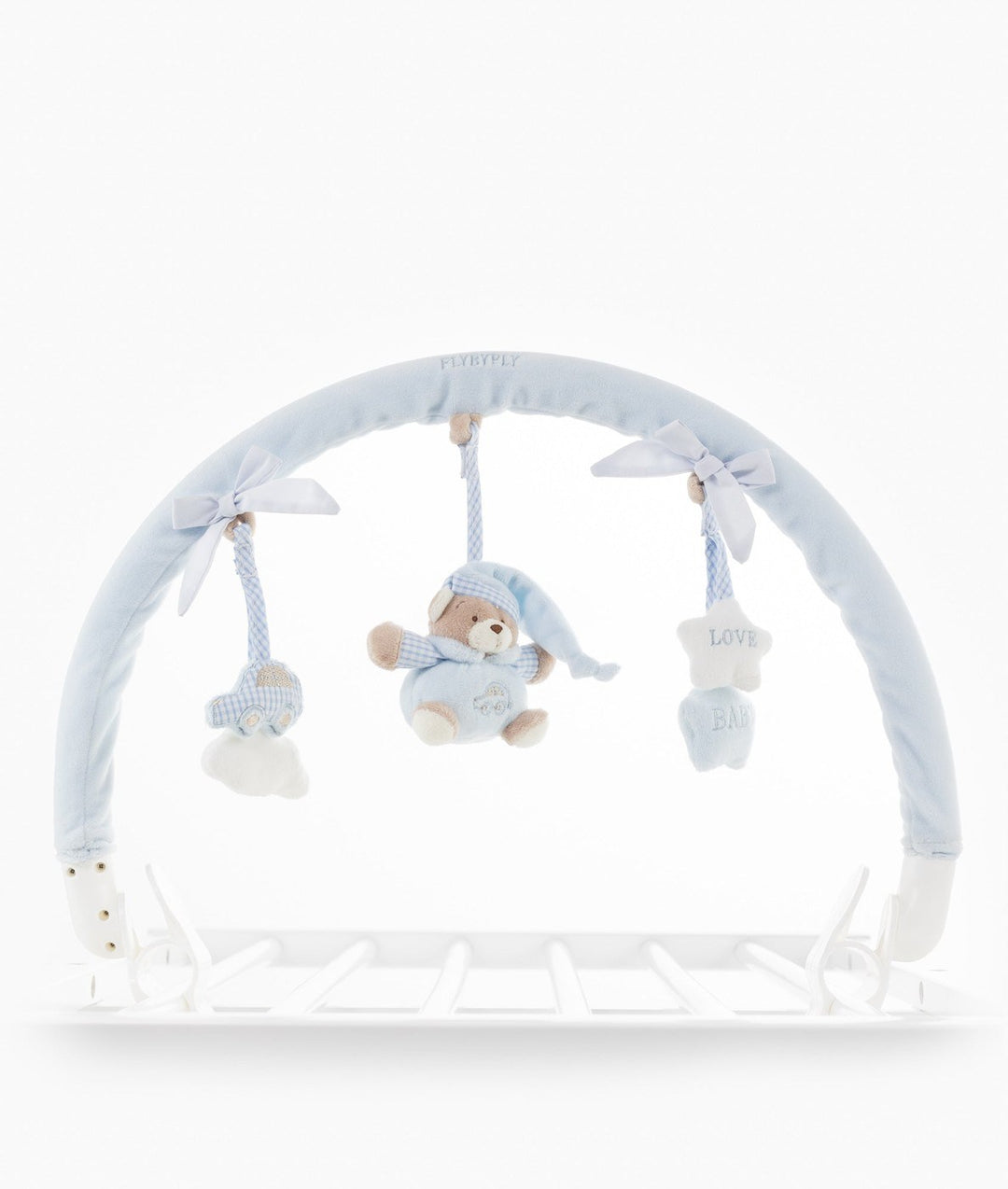 FLYBYFLY blue portable toy arch mounted on surface with central bear and cloud star charms