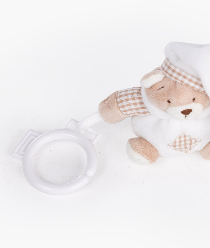 Single beige teddy bear doll with nightcap attached to white circular hook