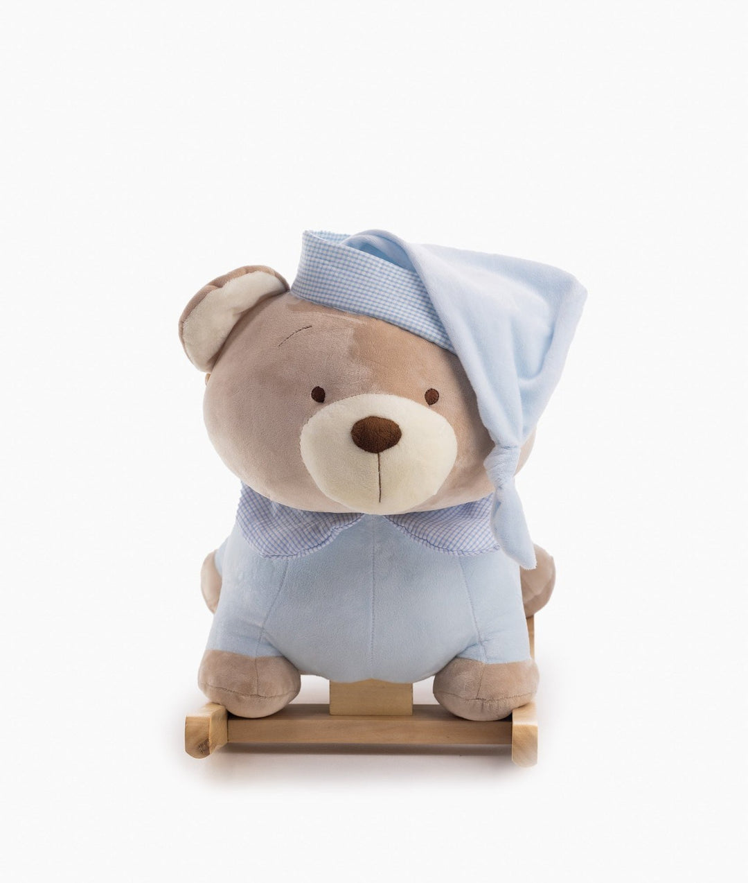 Frontal view of blue rocking animal toy with soft brown fur and light blue sleep cap