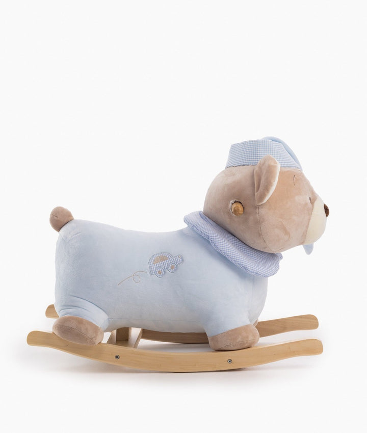 Side profile light blue rocking teddy bear with gingham hat and wooden runners