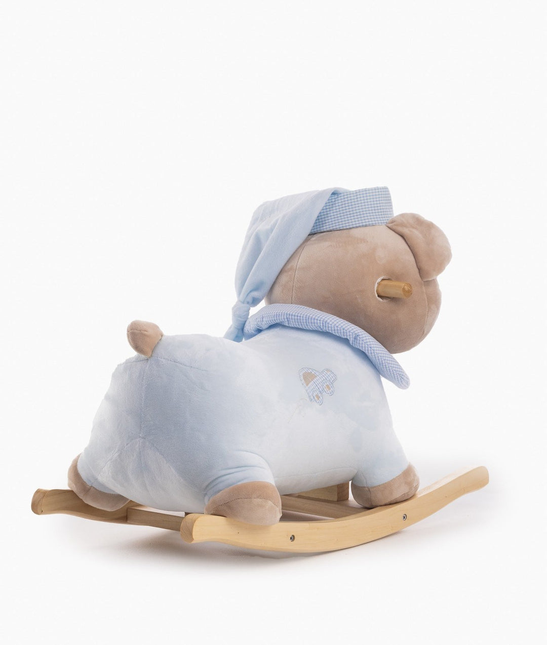 Rear view of blue rocking bear showing knotted tail, gingham nightcap, and wooden handle
