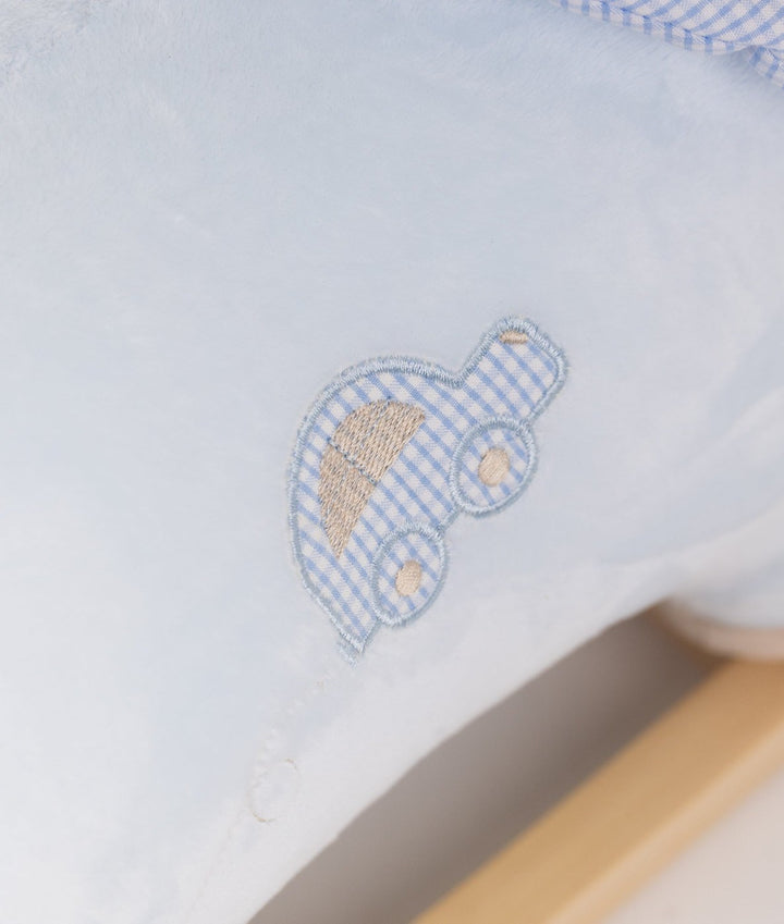 Light blue plush rocking teddy bear with embroidered gingham car patch detail