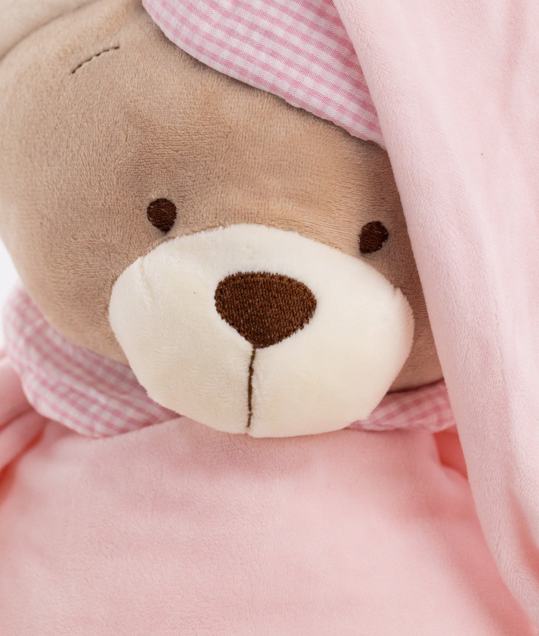 Detail of teddy bear face with embroidered nose and cream muzzle