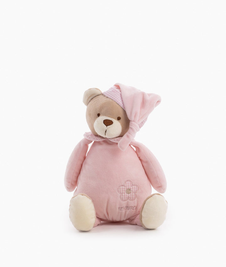 Pink plush teddy bear with nightcap and gingham trim
