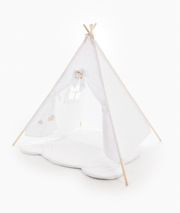 White play teepee tent on cloud cushion with bear accent