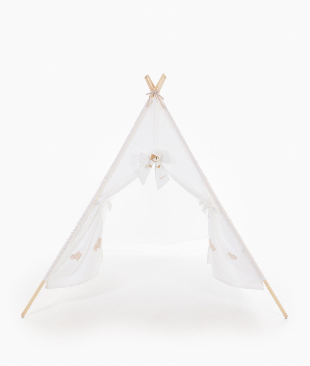 Frontal white children's teepee tent with cross-stitch details