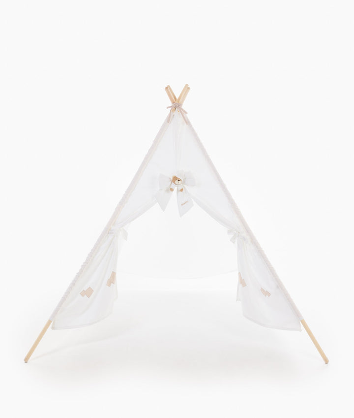 Frontal white children's teepee tent with cross-stitch details