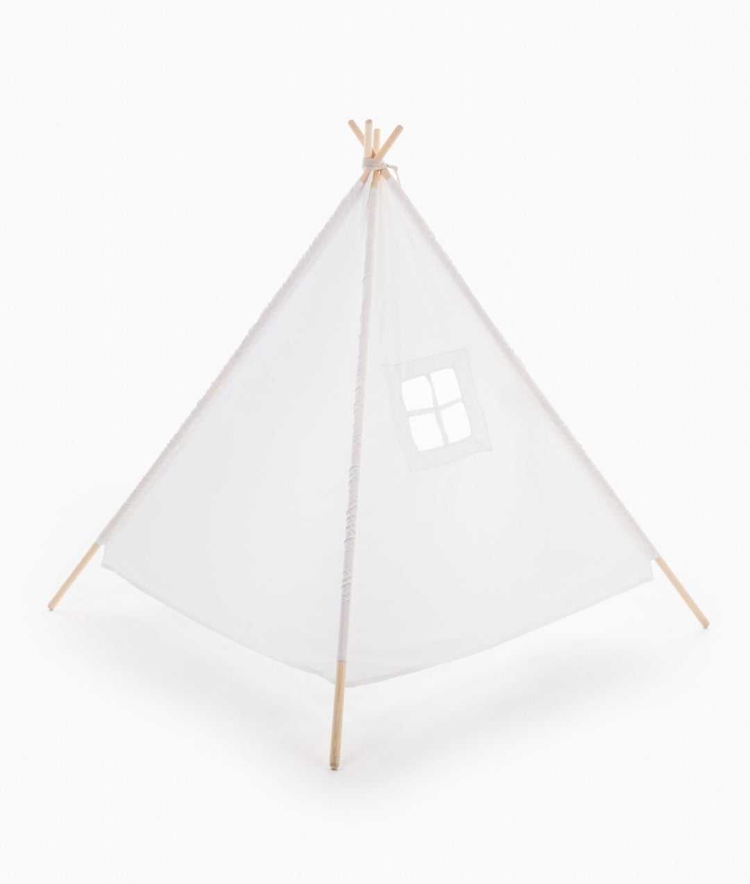 White canvas teepee tent back view with four-pane window cutout