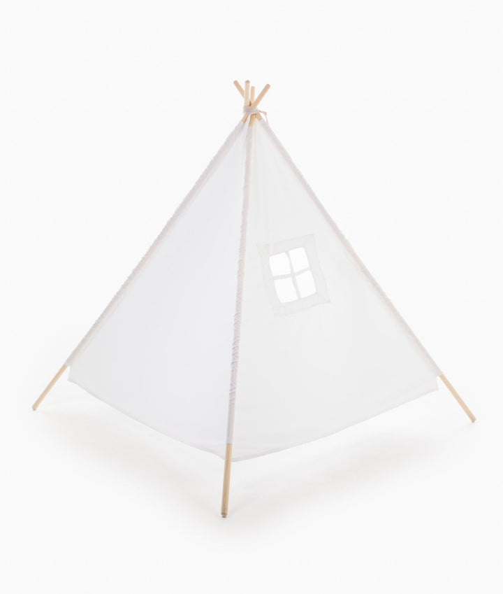 White canvas teepee tent back view with four-pane window cutout