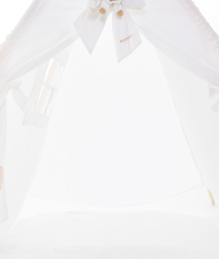 Interior view of white teepee tent with gold FLYBYFLY logo