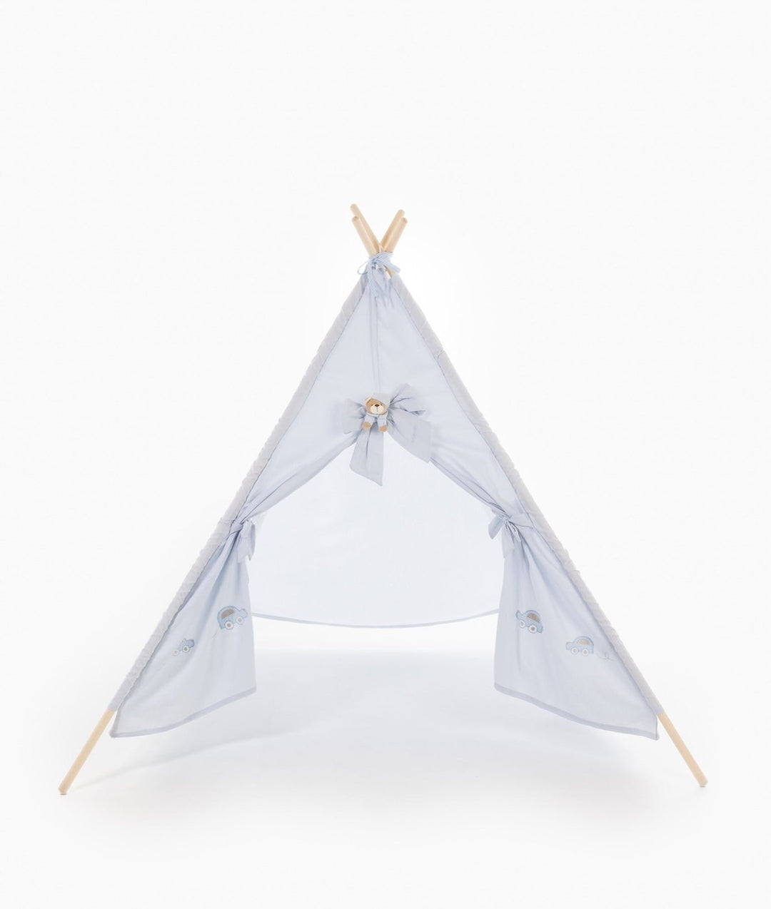 Assembled blue teepee with open flaps revealing rainbow and car designs
