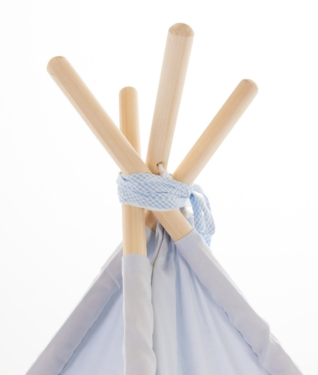 Wooden pole apex detail of light blue teepee with gingham fabric binding