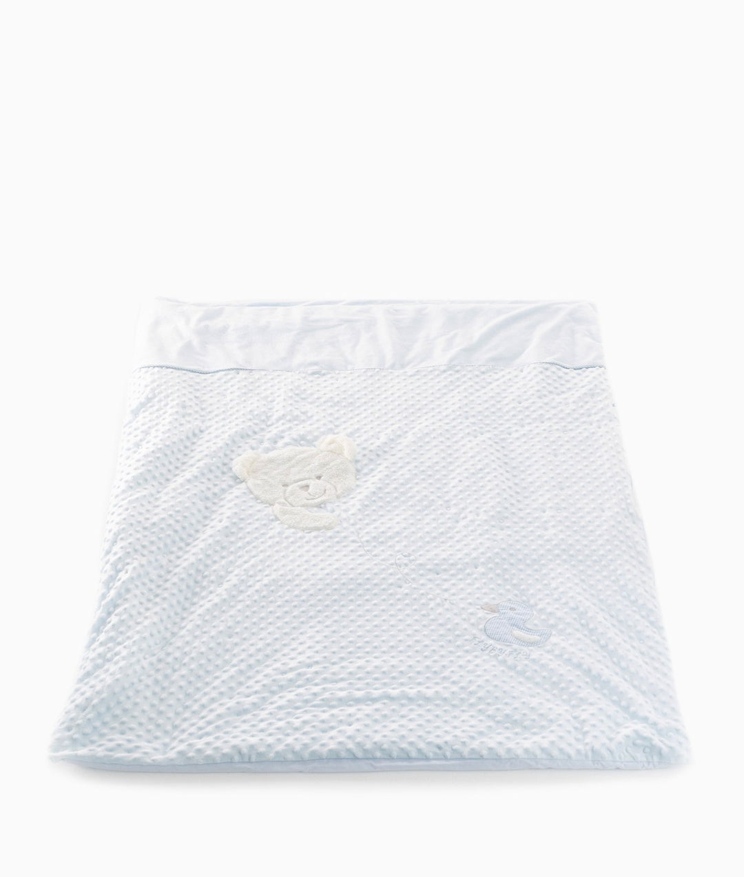 Light blue toddler bubble quilt with white teddy bear applique and duck embroidery