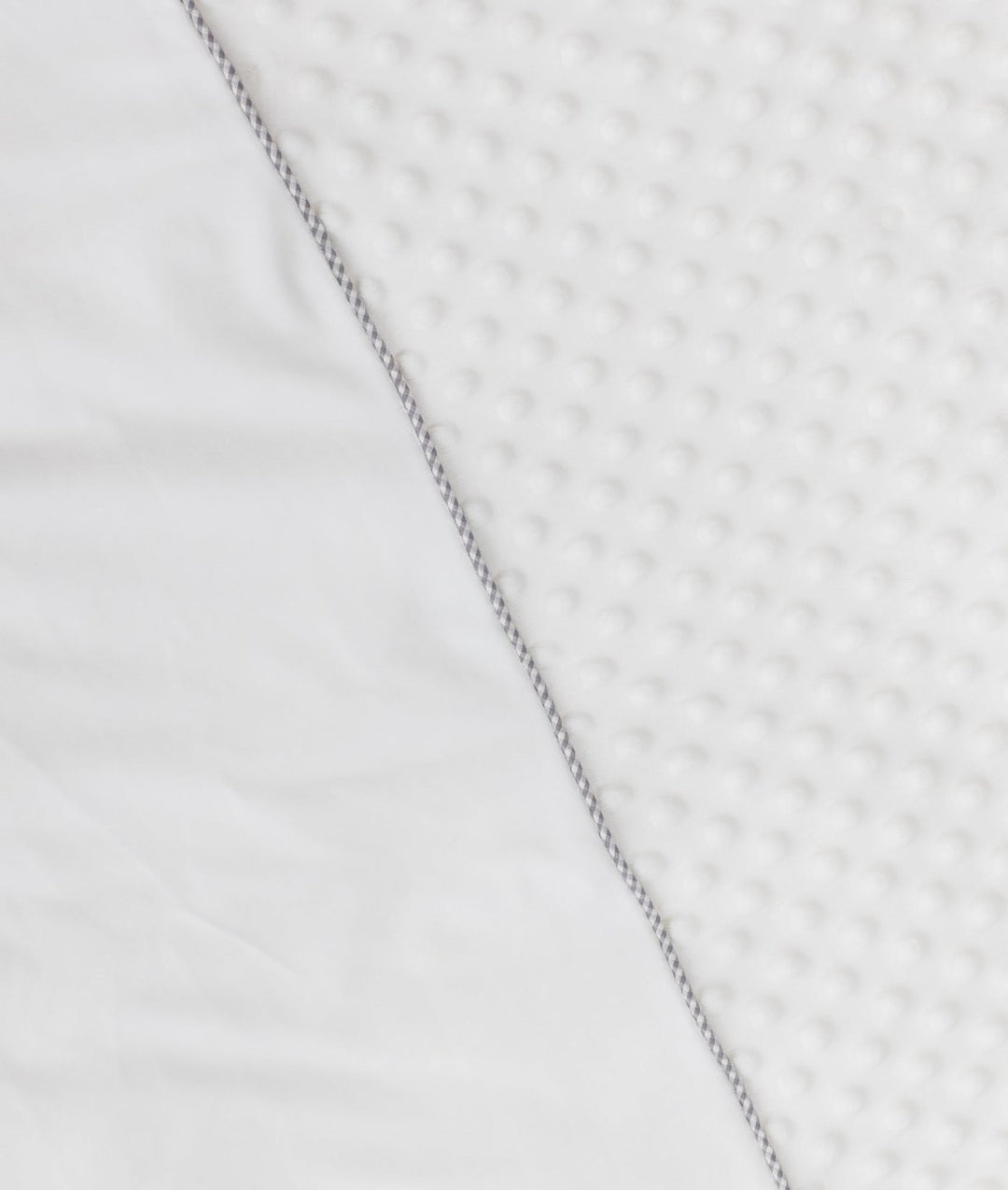 White bubble quilt edge with grey braided piping trim detail