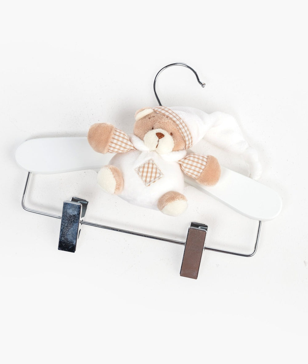 White and beige wooden hanger with clips