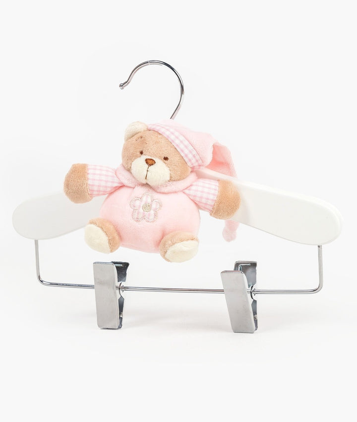 Pink wooden hanger with clips