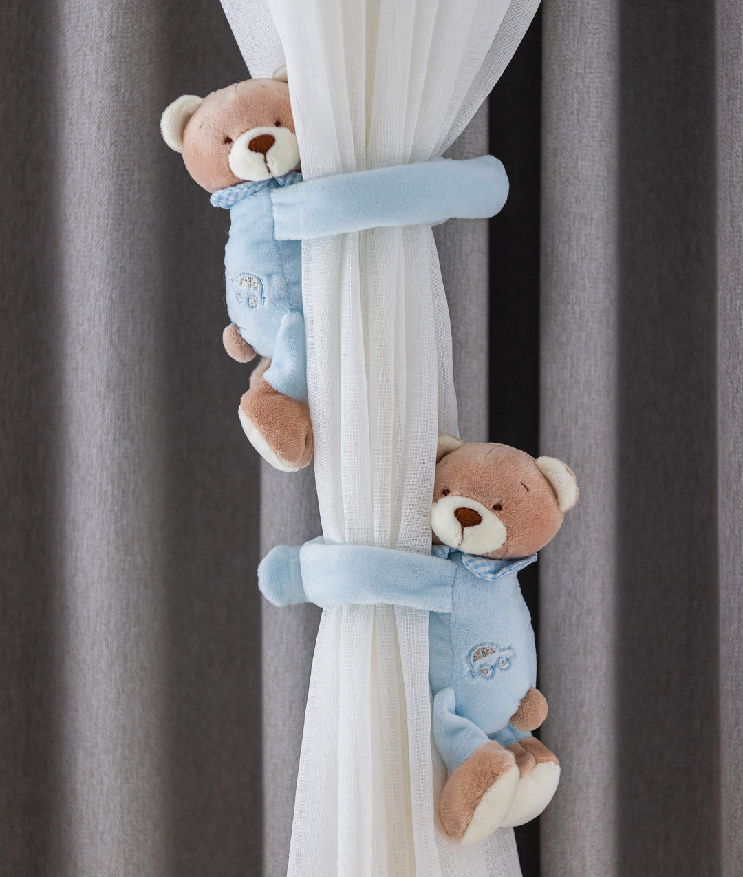 Blue bear curtain tieback for nursery