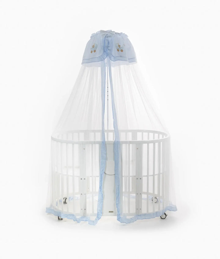 White and blue cot canopy and stand set