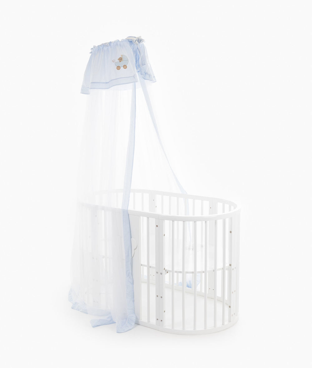 White and blue cot canopy and stand set