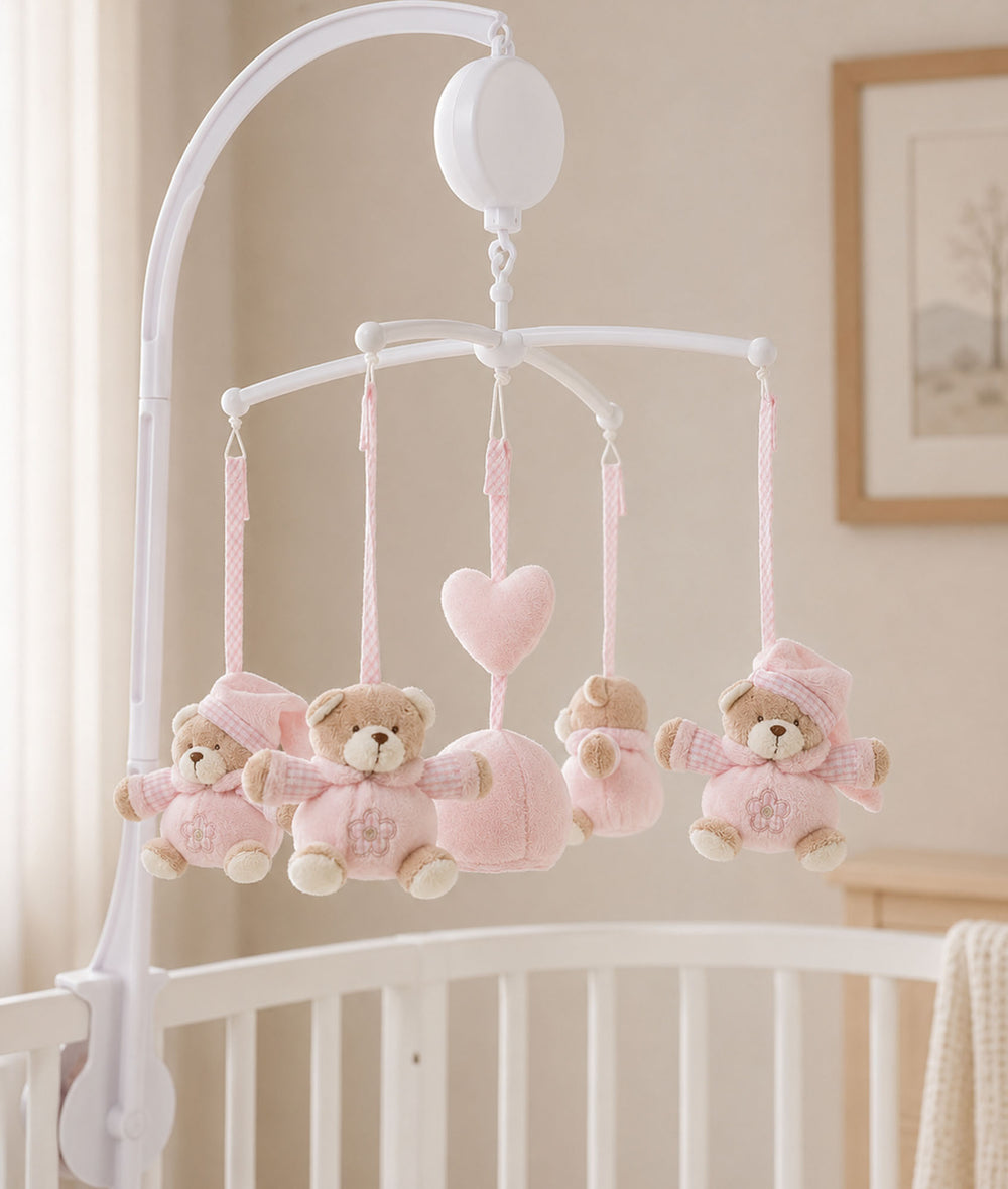Pink bear musical mobile for baby cot