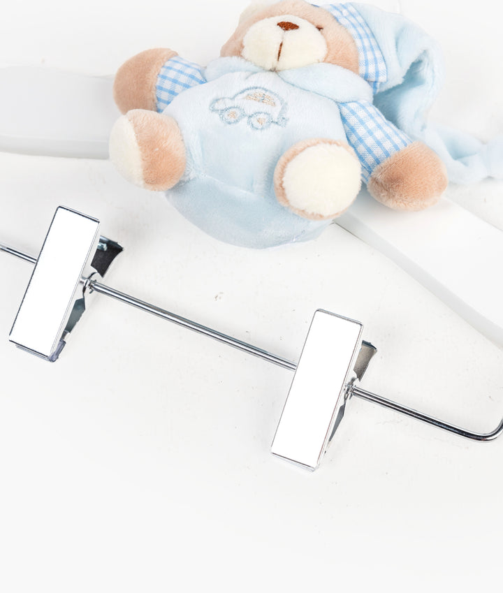 Blue wooden hanger with clips