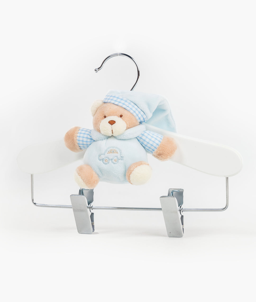 Blue wooden hanger with clips